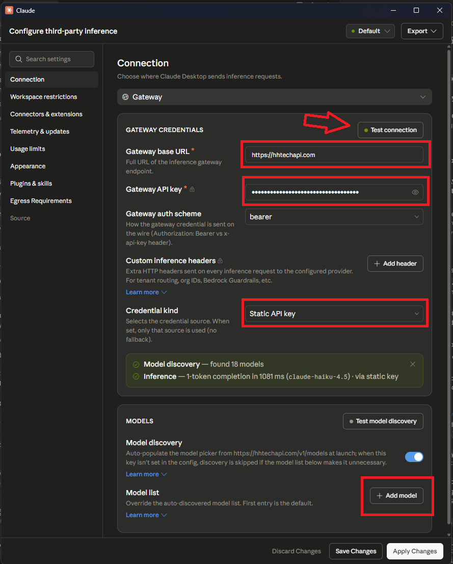 Bảng Configure third-party inference: Gateway, base URL, API key, Test connection, Apply Changes